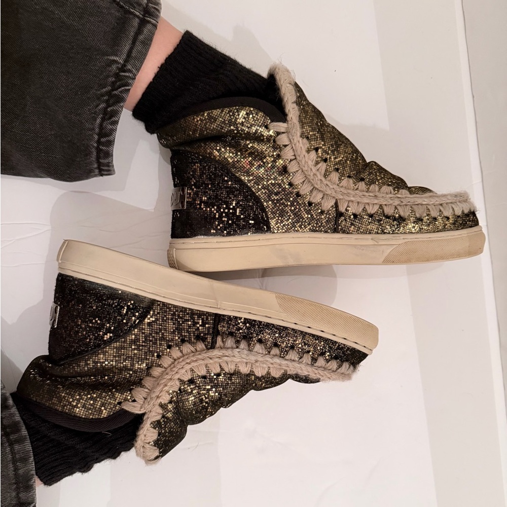 Free People MOU Eskimo sneaker boots limited edition black with gold sparkles